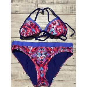 Reebok Reversible Bikini Set Womens Small Blue Pink Geometric Triangle Swimsuit